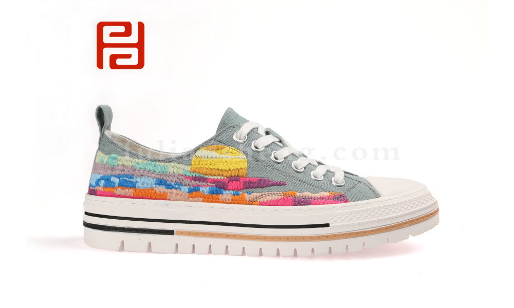 福連升男士刺繡印象派插畫系帶水洗帆布鞋板鞋老北京布鞋(圖3)